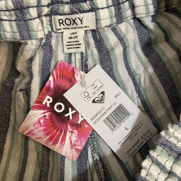 Roxy Oceanside Beach Flare Pants Cotton Linen Blue Green White Stripe Size Large - Picture 4 of 11